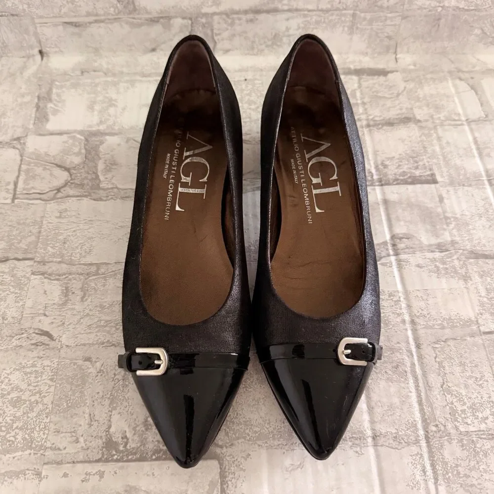 AGL Attilio Giusti Leombruni Black Patent Cap Toe Pumps Leather Pumps Sz 38.5